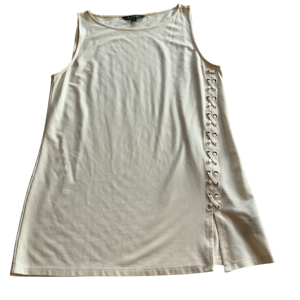 Lauren Ralph Lauren Shell Top Women PM Cream Lace Up Side Slit Viscose Blend